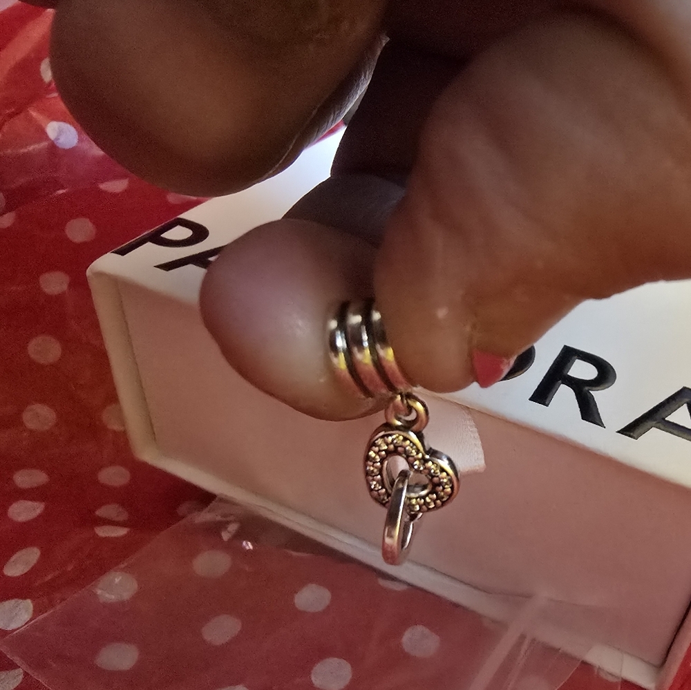 Pandora Sterling Silver Dangle Double Heart Charm With Gems.